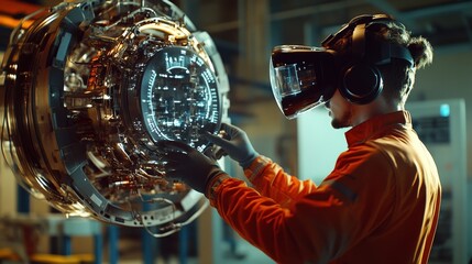 Poster - With a sleek VR headset on, a male engineer explores a fully interactive holographic engine, adjusting virtual components in mid-air.