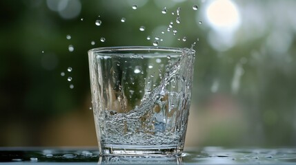 Poster - Clear glass of water with splashing droplets displayed perfectly