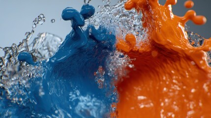 Poster - Blue and orange liquids collide with water splashes dramatically