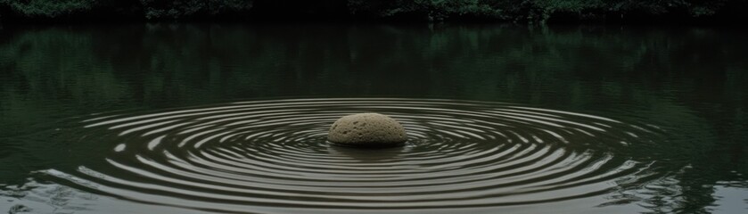 Poster - A single rock floating amidst ripples on tranquil water surface