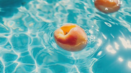 Poster - Apricots floating in cool blue water on a sunny summer day