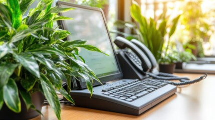 Poster - Computer phone and leafy plants sit on a wooden desk