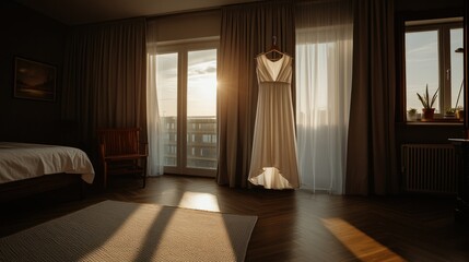 Aufkleber - A wedding dress hangs in a bedroom with sunlight streaming through windows