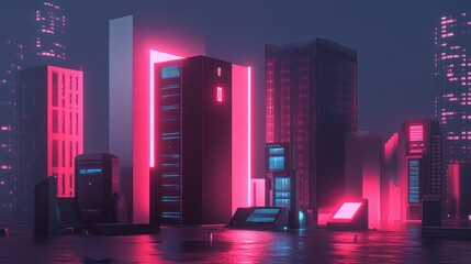 Aufkleber - Futuristic city buildings illuminated with bright pink and blue neon lights