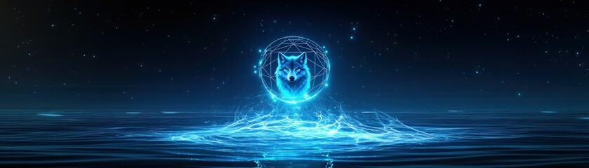 Poster - A Glowing Wolf Head Enclosed In A Sphere Above Water