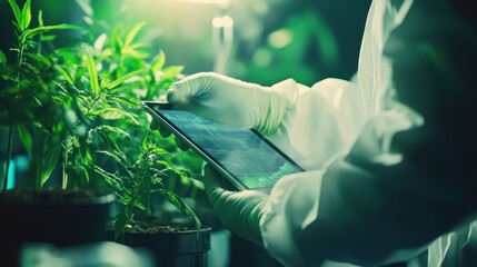 Poster - A person wearing gloves looks at tablet near plants