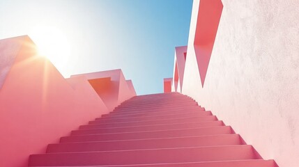 Poster - A pink staircase leads upwards towards the bright blue sky above