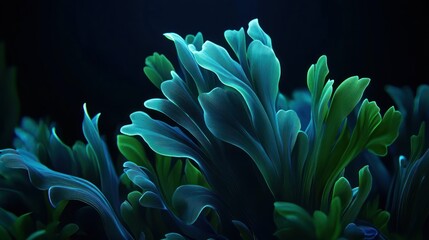 Poster - Teal and Green Abstract Plant Life Forms Against a Dark Background