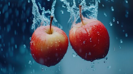 Poster - Two apples submerged in water with splashing movement