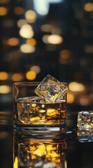 Poster - A Glass Of Whiskey With Ice Cubes On A Table