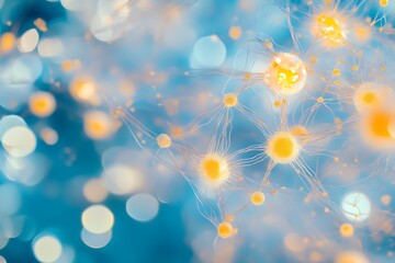 Poster - Abstract neural network, glowing nodes and connections on blue bokeh background.