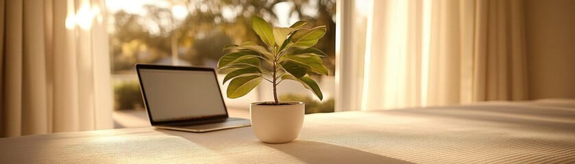 Poster - A laptop and plant sit on a bright lit surface
