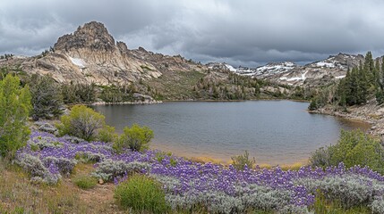 Aufkleber - A scenic lake surrounded by mountains and vibrant purple wildflowers