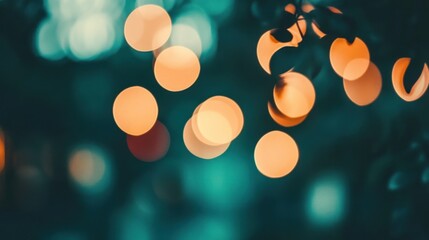 Poster - Bokeh lights in dark teal background with illuminated foliage details