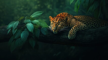 Poster - A beautiful leopard resting on a tree branch surrounded by leaves