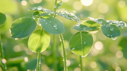 Poster - Close up of green plant leaves with water droplets