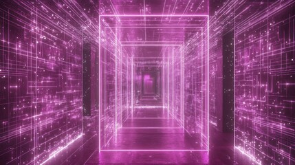 Poster - A glowing purple futuristic tunnel with square outlines inside