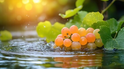 Poster - A cluster of ripe grapes surrounded by water and vibrant foliage