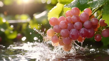 Poster - A cluster of ripe grapes with water splashing around them
