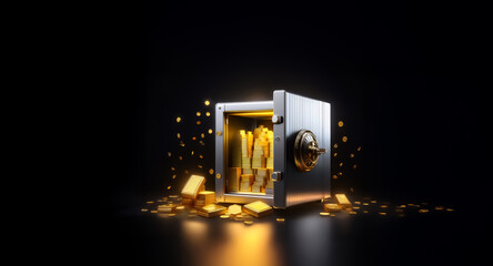 Poster - Illuminated open safe with gold bars and coins, symbolizing wealth and security against a stark black backdrop. Riches and protection.
