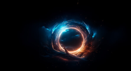 Fototapete - Glowing portal of energy in dark space, swirling with vibrant blue and orange hues, creating a cosmic vortex effect with nebulae-like clouds surrounding the bright center.