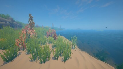 Poster - A coastal beach landscape shows grass and calm blue waters
