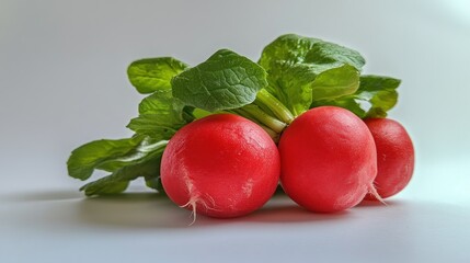 Poster - Bright Red Radishes With Green Leaves Arranged on a Table