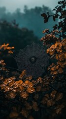 Poster - A spiderweb glistens with dew drops in a dark environment