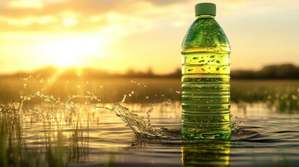 Poster - A plastic bottle floats in water with a beautiful sunset backdrop