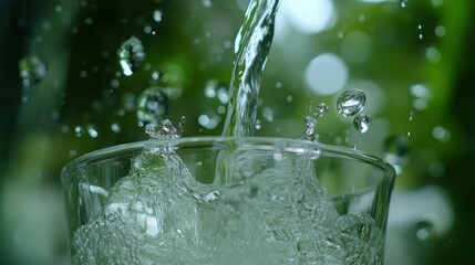 Poster - Clear water rapidly pouring into a transparent glass vessel