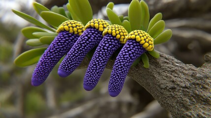 Poster - Four unusual purple and yellow plant flowers on a branch