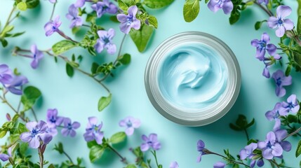 Poster - A jar of blue cream surrounded by delicate purple flowers