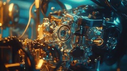 Poster - A close up photograph of a complex engine assembly