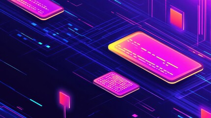 Poster - Digital devices and technology connect through glowing blue networks everywhere
