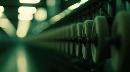 Poster - Industrial machinery with numerous spools in long focus perspective