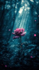 Aufkleber - A solitary rose blooms in a captivating forest scene