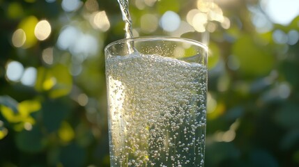 Poster - Clear Liquid Being Poured Into a Glass Outdoors With Bubbles