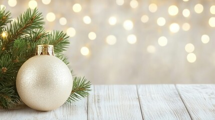 Aufkleber - A white ornament rests near fir branches with blurred lights