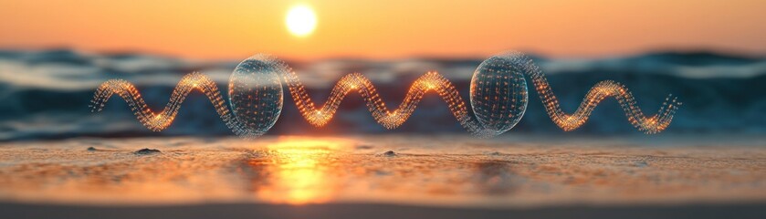 Poster - Glowing wave shaped particles float above the golden ocean at sunset
