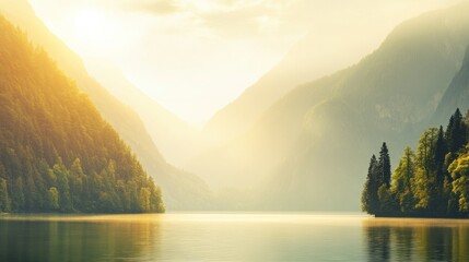 Poster - A serene mountain landscape with a tranquil lake and golden light