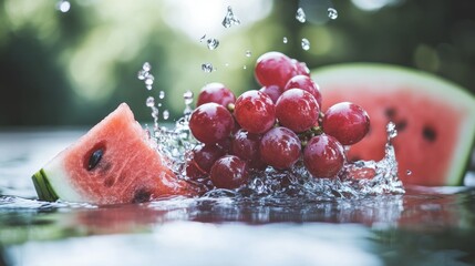 Poster - Grapes and watermelon in water creating a refreshing splash