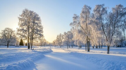 Poster - Snowy road winds through a park lined with frosted trees