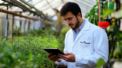 Poster - A man in a white coat examines plants using a tablet device