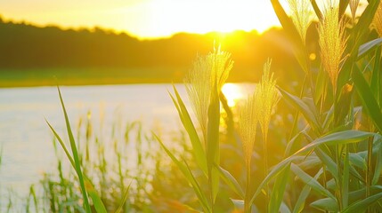Fototapete - Golden sunlight illuminates tall grasses with water and distant trees