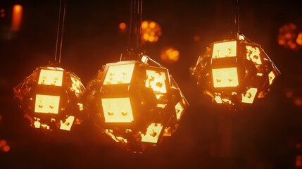 Poster - Illuminated geometric hanging lights with warm orange and yellow glows