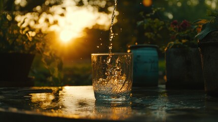 Poster - Fresh Water Is Being Poured Into A Glass Outdoors