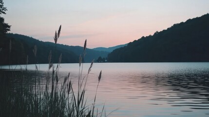 Poster - Calm waters reflect the soft hues of a serene evening landscape