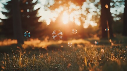 Poster - Bubbles float over tall grass in a sunny outdoor setting