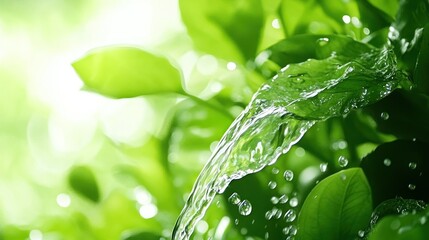 Poster - Flowing water cascades over vivid green leaves gently and smoothly