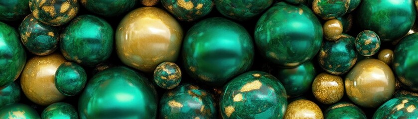 Poster - An assortment of green and golden spheres scattered across a surface